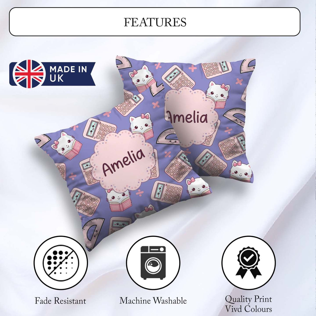 Custom Name Kawaii Maths Cat Calculator Ruler Blue Seamless Name Square Filled Cushion Throw Pillow Sofa Bed Home Decor Zip Washable UK Made