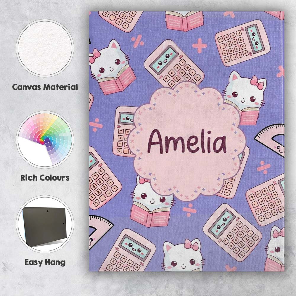 Personalised Name Cute Kawaii Maths Cat Custom Modern Room Accent Elegant Feature Canvas Wall Art Print Decor Picture Ready to Hang