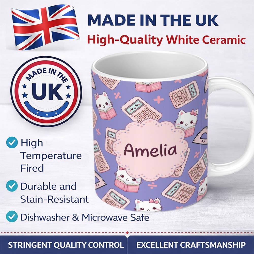 Personalized Custom Name Cute Kawaii Maths Cat Calculator Ruler Blue Seamless Pattern Name 11oz Ceramic Coffee Tea Mug White Large Handle