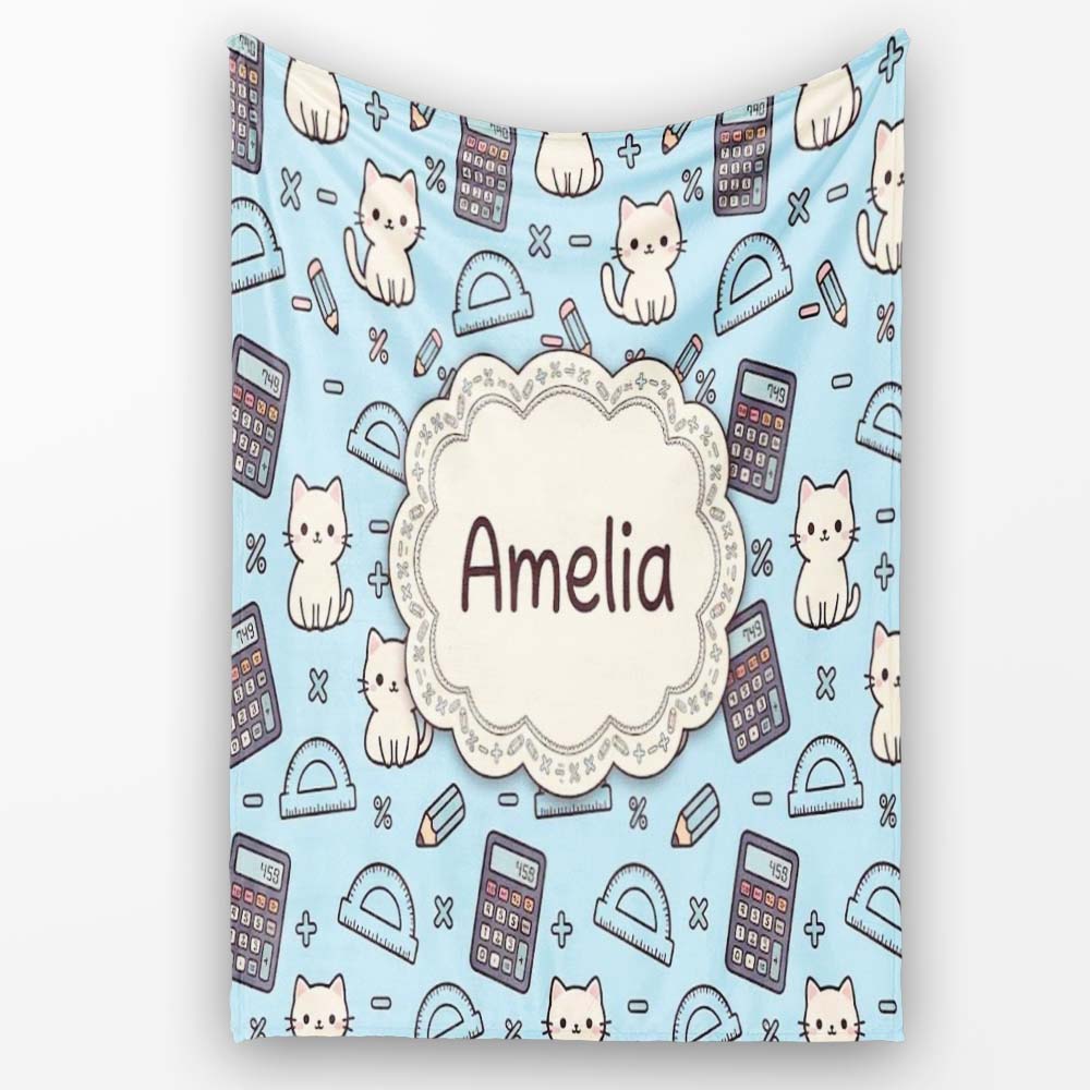 Cute Kawaii Maths Cat Calculator Ruler Blue Seamless Pattern Name Personalised Custom Name Super Soft Fleece Blanket Bed Sofa Throw
