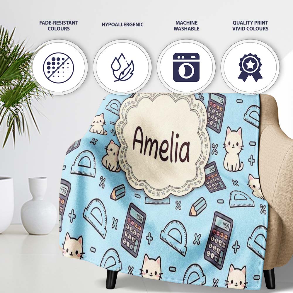 Cute Kawaii Maths Cat Calculator Ruler Blue Seamless Pattern Name Personalised Custom Name Super Soft Fleece Blanket Bed Sofa Throw