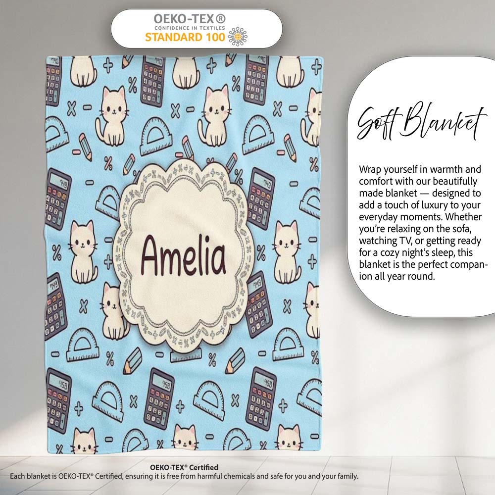 Cute Kawaii Maths Cat Calculator Ruler Blue Seamless Pattern Name Personalised Custom Name Super Soft Fleece Blanket Bed Sofa Throw