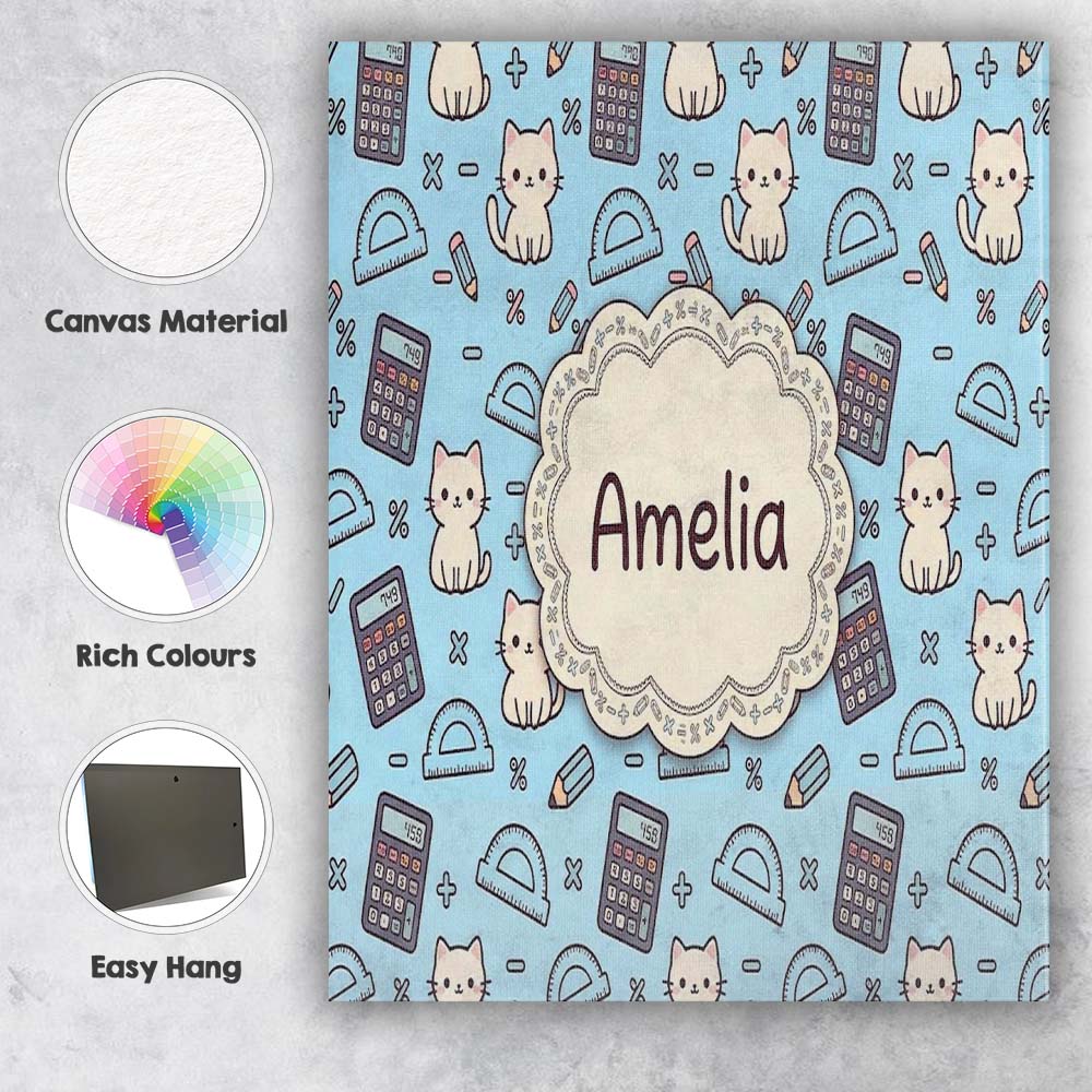 Personalised Name Cute Kawaii Maths Cat Custom Modern Room Accent Elegant Feature Canvas Wall Art Print Decor Picture Ready to Hang