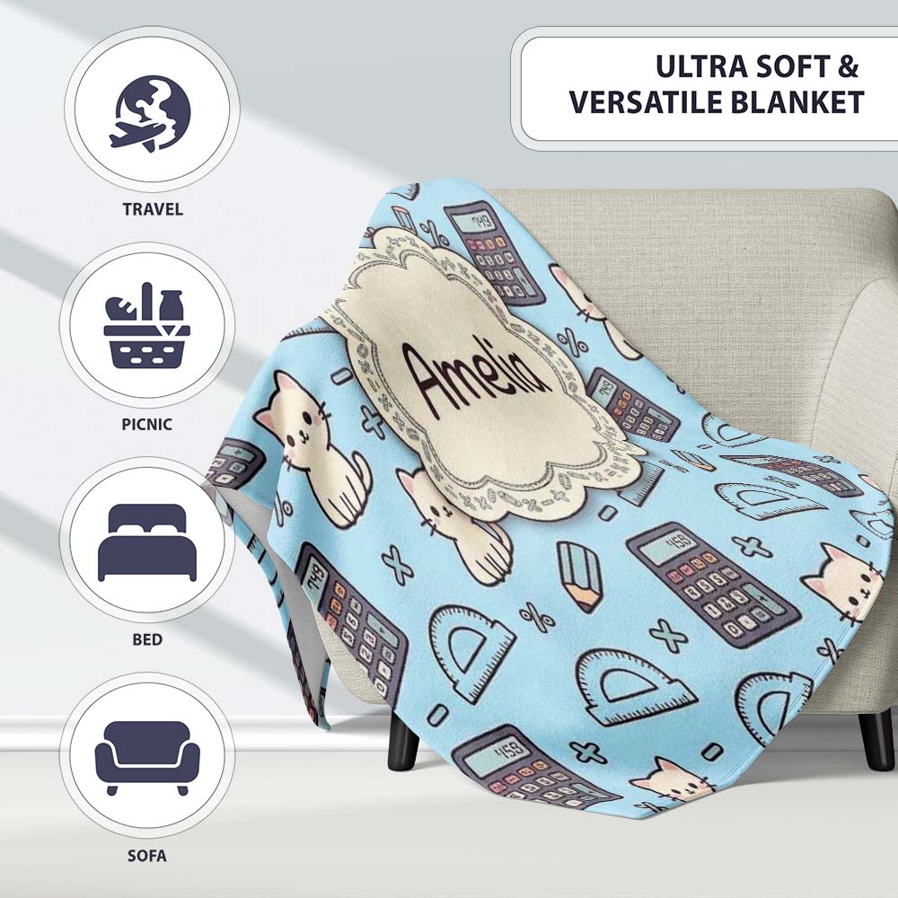 Cute Kawaii Maths Cat Calculator Ruler Blue Seamless Pattern Name Personalised Custom Name Super Soft Fleece Blanket Bed Sofa Throw