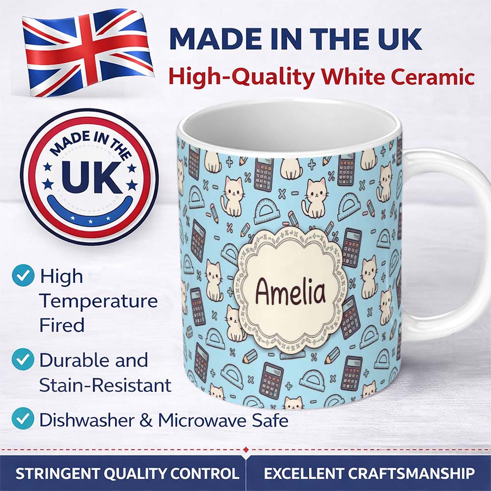 Personalized Custom Name Cute Kawaii Maths Cat Calculator Ruler Blue Seamless Pattern Name 11oz Ceramic Coffee Tea Mug White Large Handle