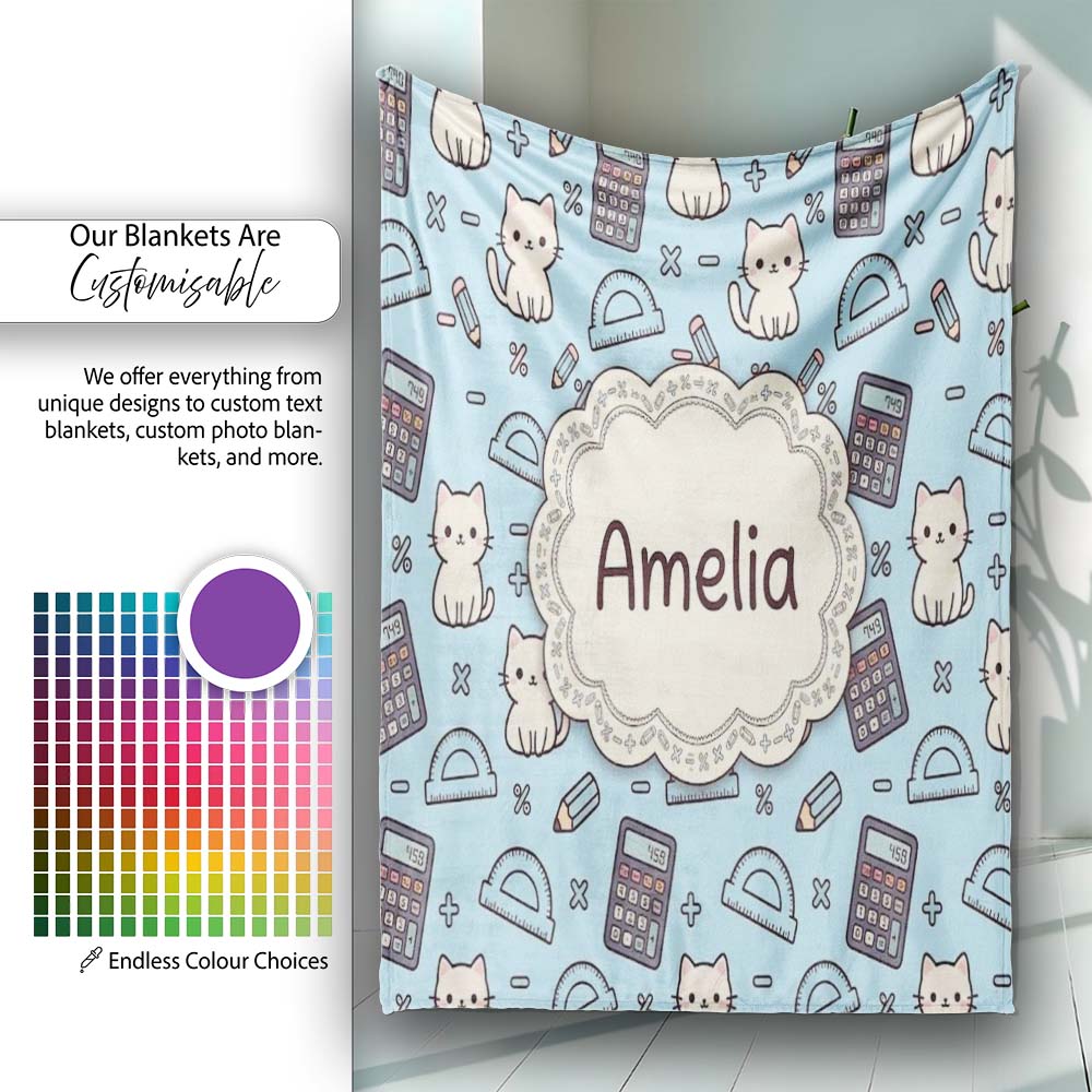 Cute Kawaii Maths Cat Calculator Ruler Blue Seamless Pattern Name Personalised Custom Name Super Soft Fleece Blanket Bed Sofa Throw