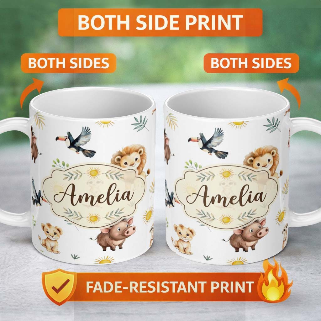 Personalized Custom Name Cute Safari Animals Lion Meerkat Toucan and Warthog with Sun and 11oz Ceramic Coffee Tea Mug White Large Handle