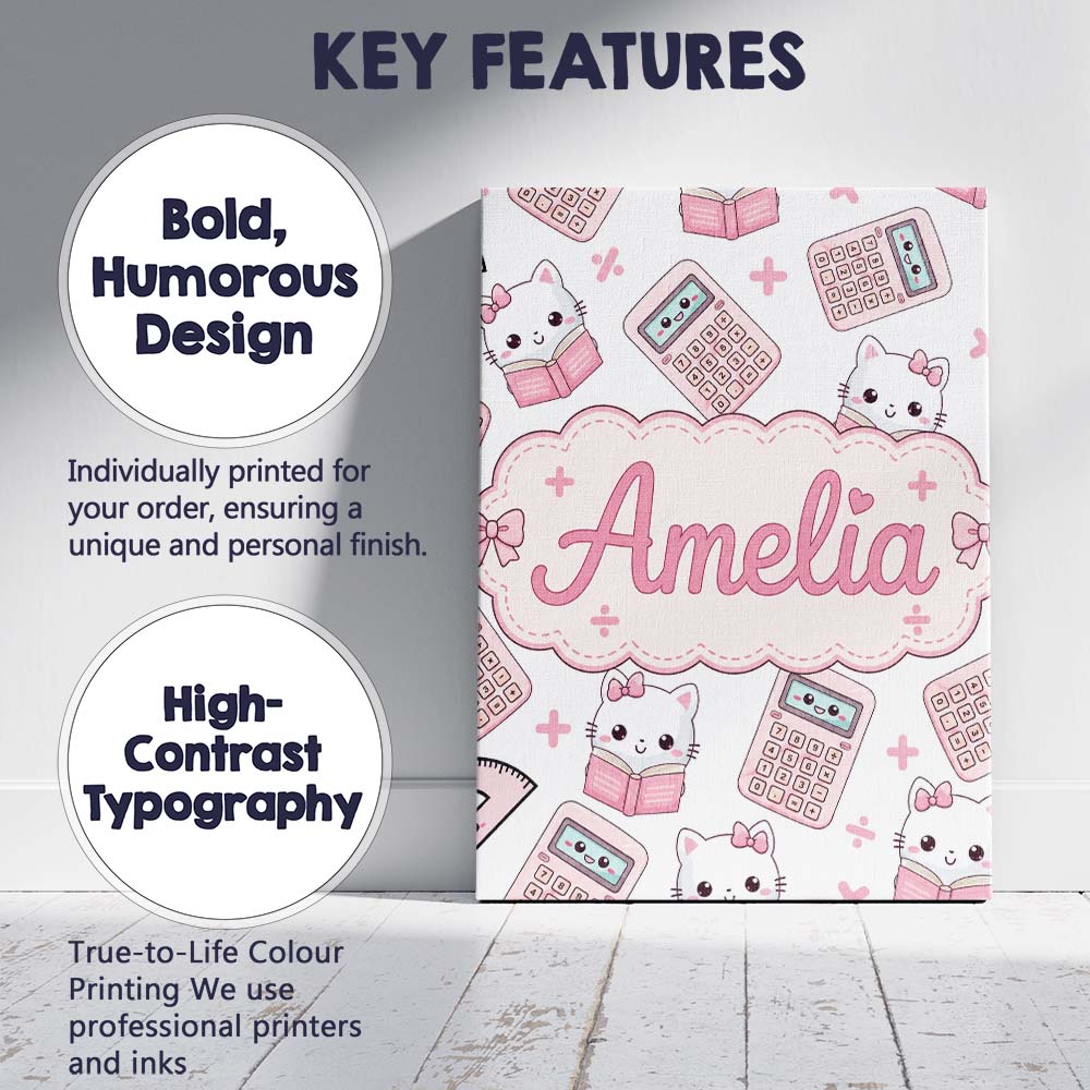 Personalised Name Cute Kawaii Maths Cat Custom Modern Room Accent Elegant Feature Canvas Wall Art Print Decor Picture Ready to Hang