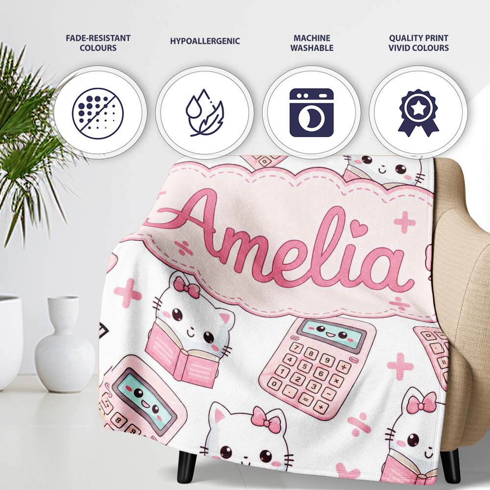 Cute Kawaii Maths Cat Calculator Ruler Grey Seamless Pattern Name Personalised Custom Name Super Soft Fleece Blanket Bed Sofa Throw