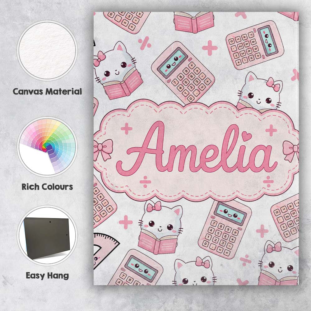 Personalised Name Cute Kawaii Maths Cat Custom Modern Room Accent Elegant Feature Canvas Wall Art Print Decor Picture Ready to Hang