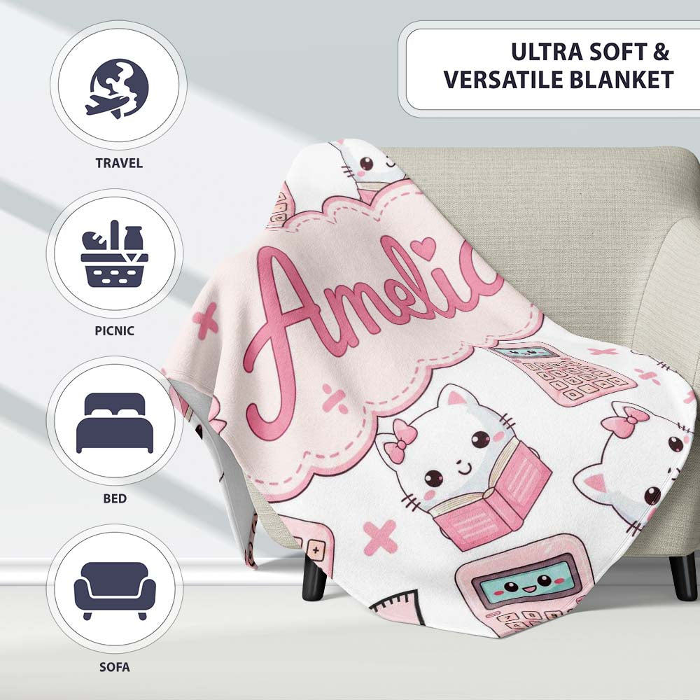 Cute Kawaii Maths Cat Calculator Ruler Grey Seamless Pattern Name Personalised Custom Name Super Soft Fleece Blanket Bed Sofa Throw