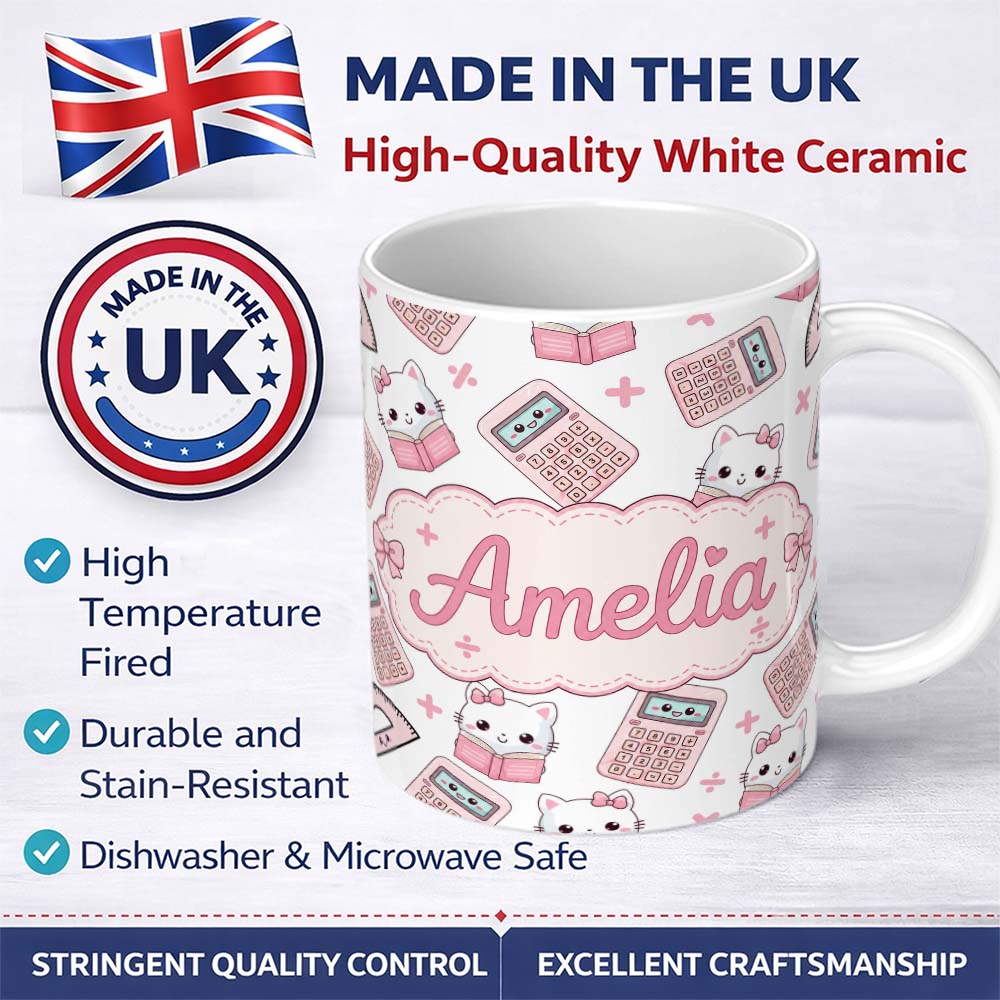 Personalized Custom Name Cute Kawaii Maths Cat Calculator Ruler Grey Seamless Pattern Name 11oz Ceramic Coffee Tea Mug White Large Handle