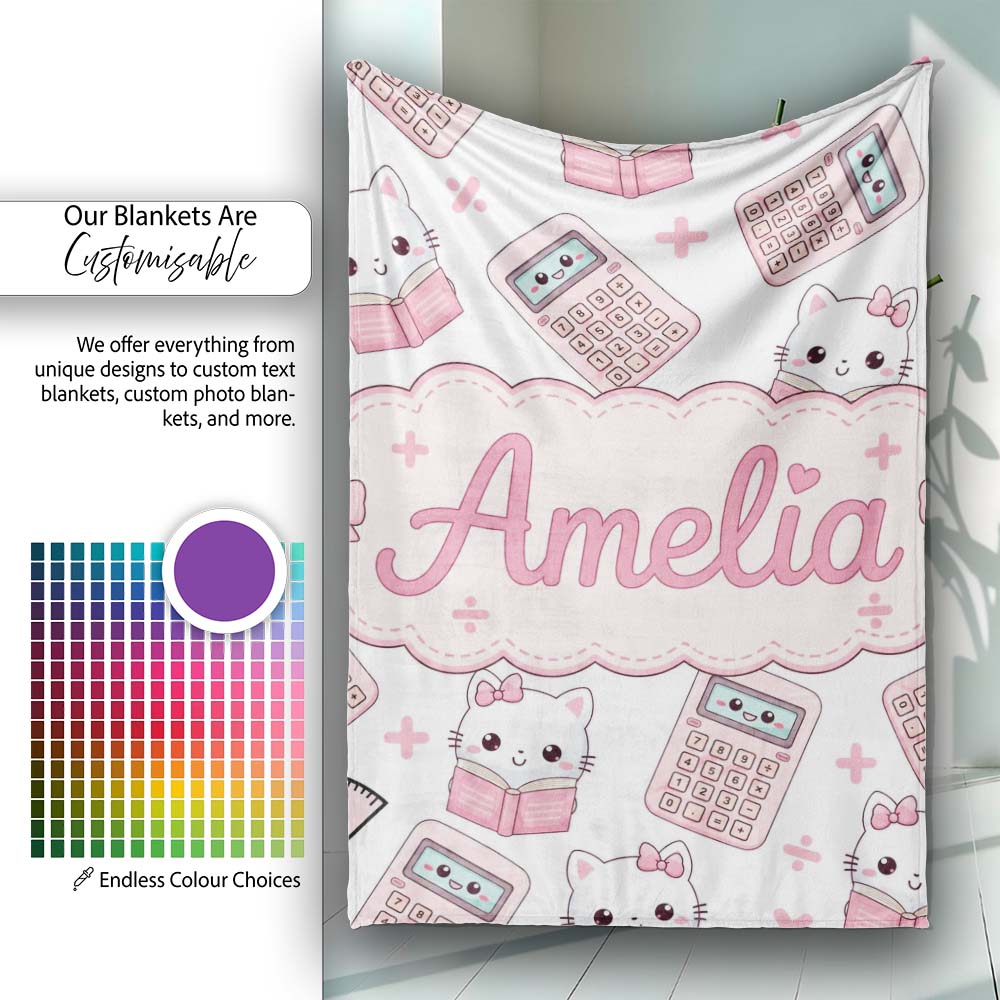 Cute Kawaii Maths Cat Calculator Ruler Grey Seamless Pattern Name Personalised Custom Name Super Soft Fleece Blanket Bed Sofa Throw