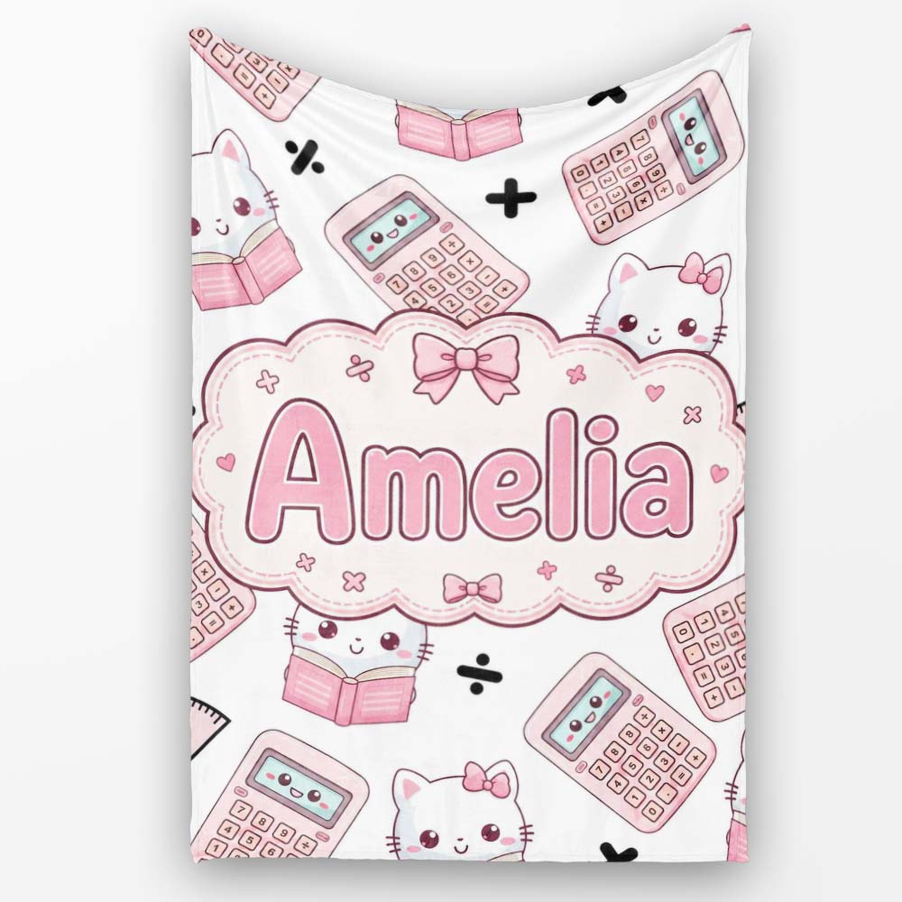 Cute Kawaii Maths Cat Calculator Ruler White Seamless Pattern Name Personalised Custom Name Super Soft Fleece Blanket Bed Sofa Throw
