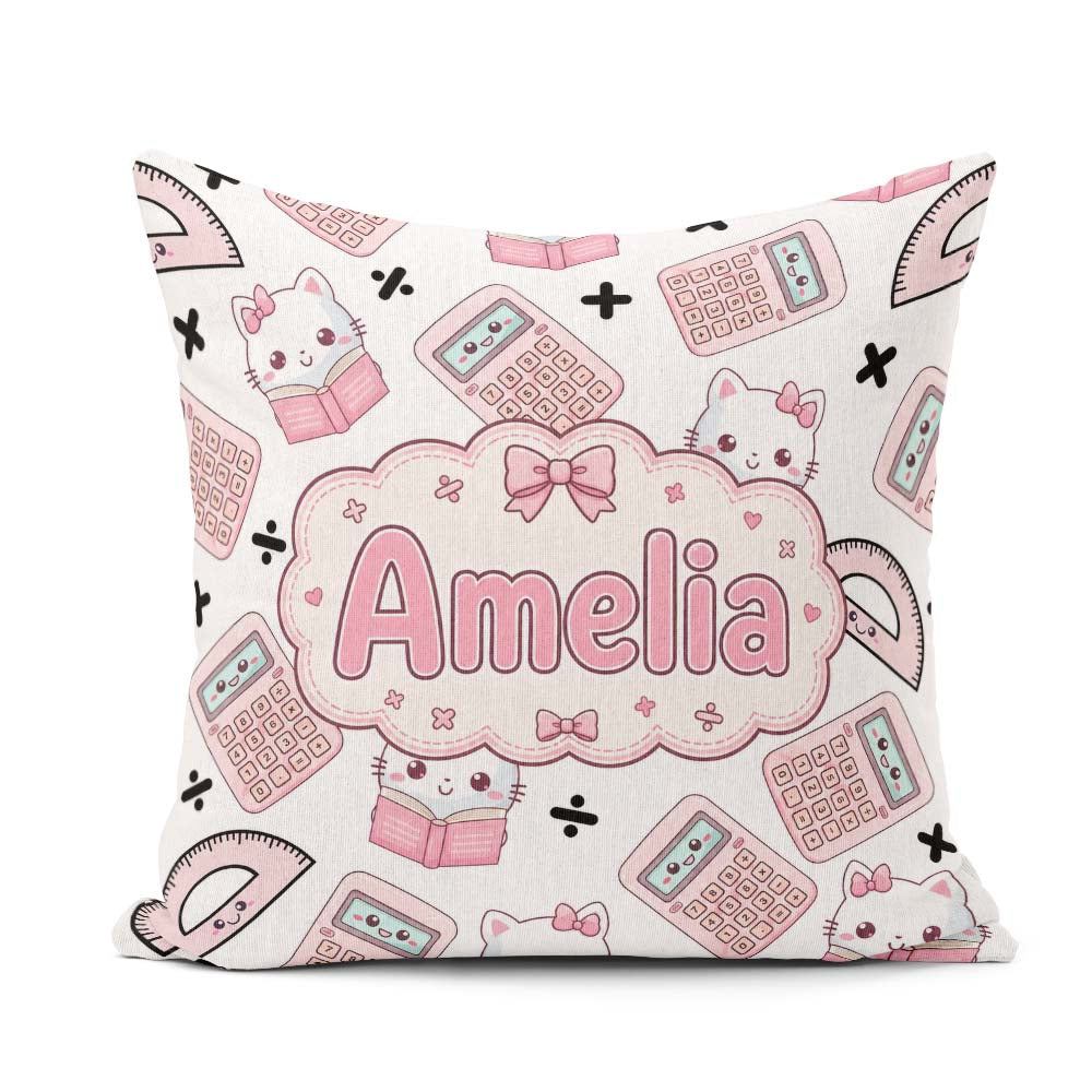 Custom Name Kawaii Maths Cat Calculator Ruler White Pattern Name Square Filled Cushion Throw Pillow Sofa Bed Home Decor Zip Washable UK Made