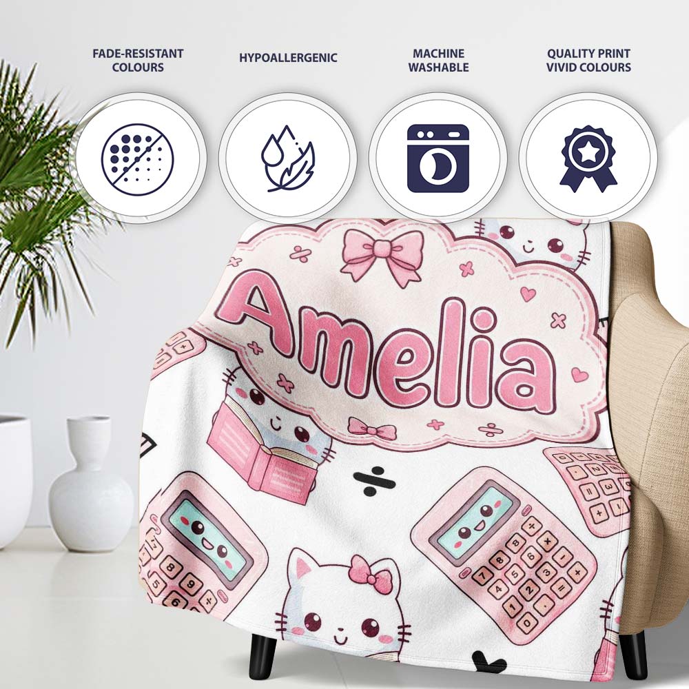 Cute Kawaii Maths Cat Calculator Ruler White Seamless Pattern Name Personalised Custom Name Super Soft Fleece Blanket Bed Sofa Throw