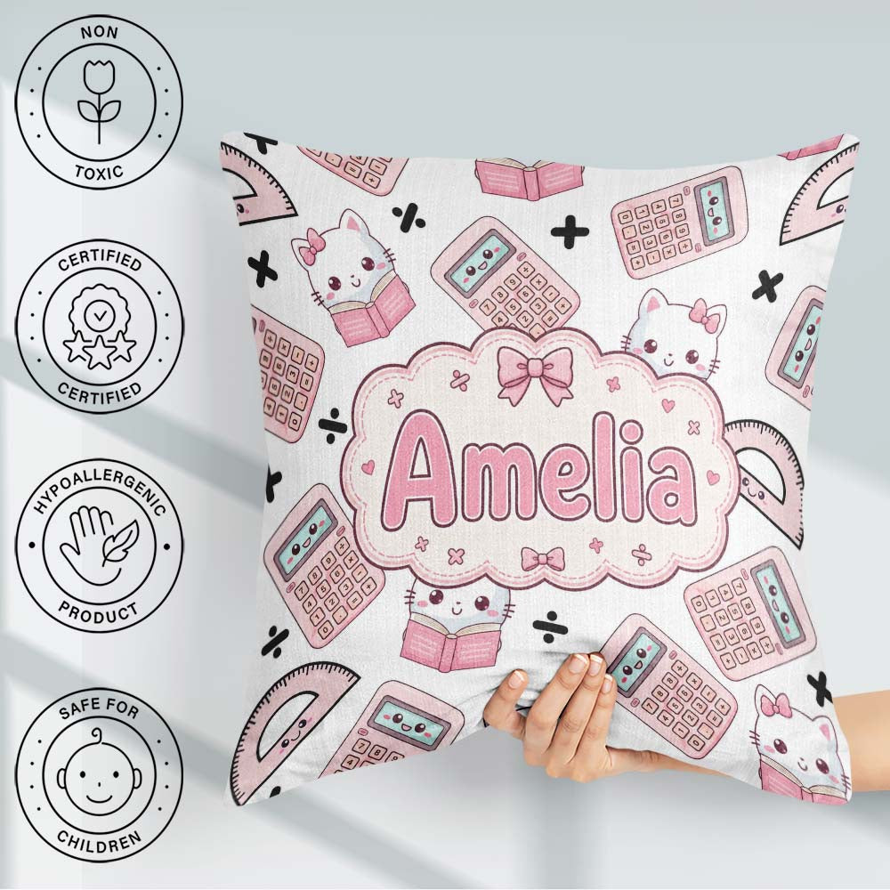 Custom Name Kawaii Maths Cat Calculator Ruler White Pattern Name Square Filled Cushion Throw Pillow Sofa Bed Home Decor Zip Washable UK Made