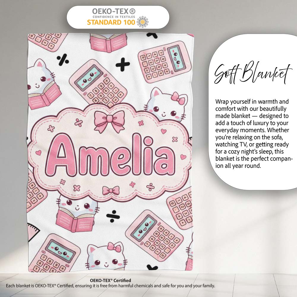Cute Kawaii Maths Cat Calculator Ruler White Seamless Pattern Name Personalised Custom Name Super Soft Fleece Blanket Bed Sofa Throw