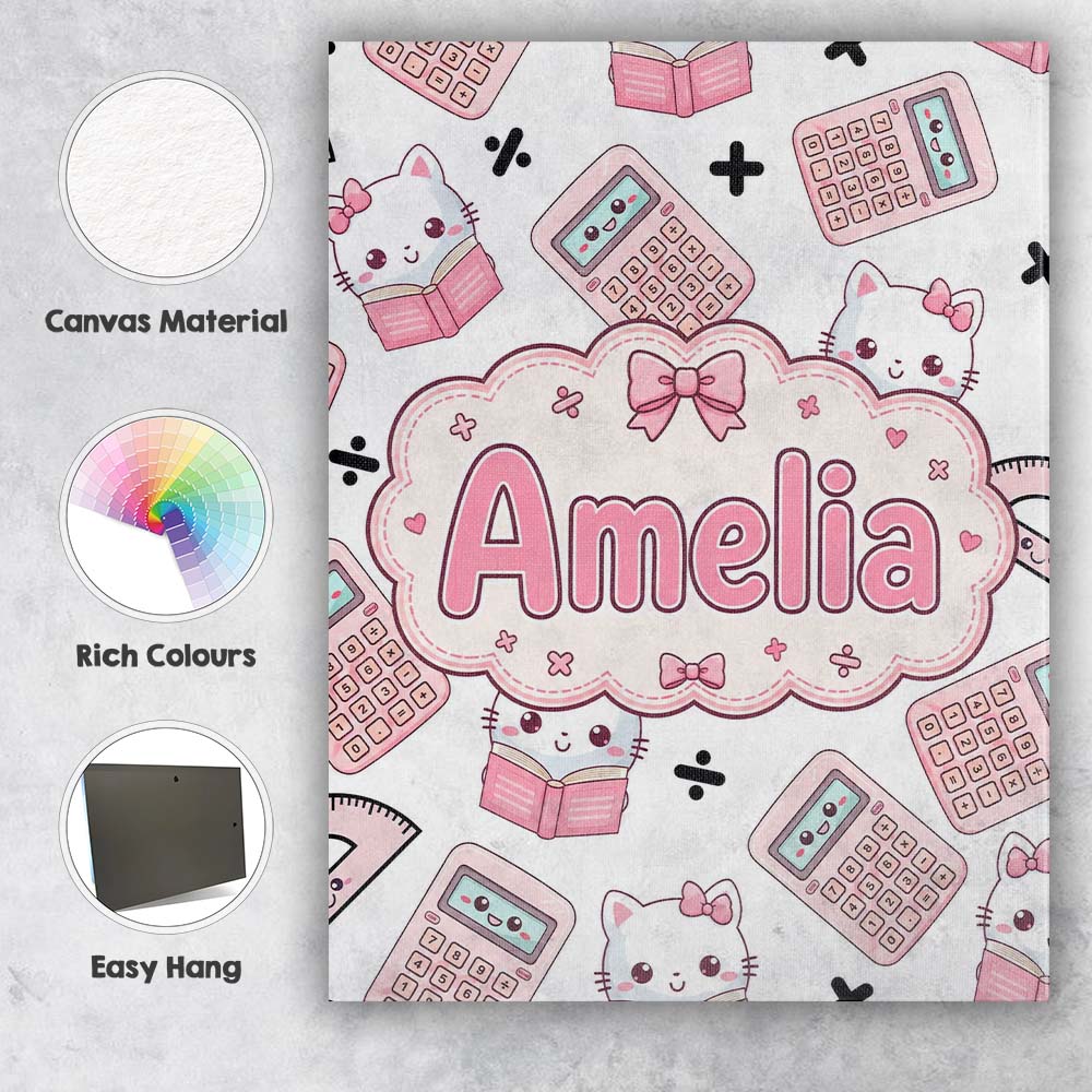 Personalised Name Cute Kawaii Maths Cat Custom Modern Room Accent Elegant Feature Canvas Wall Art Print Decor Picture Ready to Hang