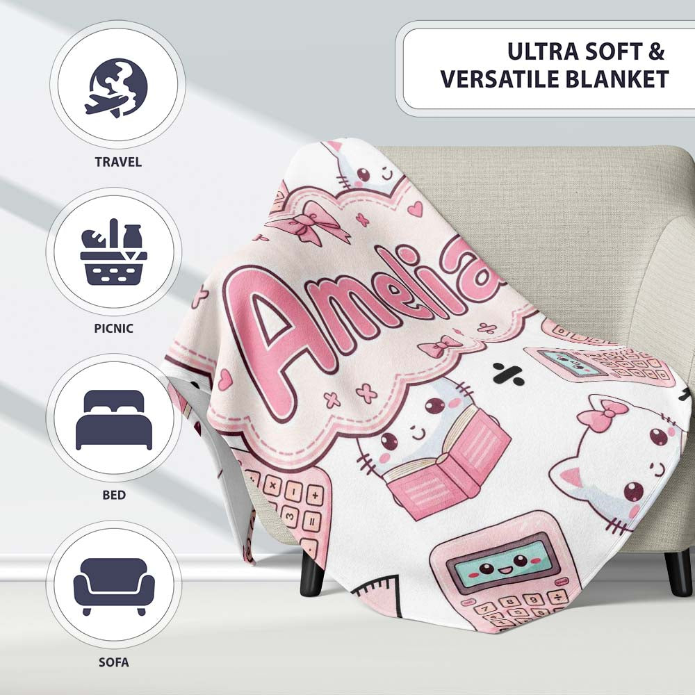 Cute Kawaii Maths Cat Calculator Ruler White Seamless Pattern Name Personalised Custom Name Super Soft Fleece Blanket Bed Sofa Throw