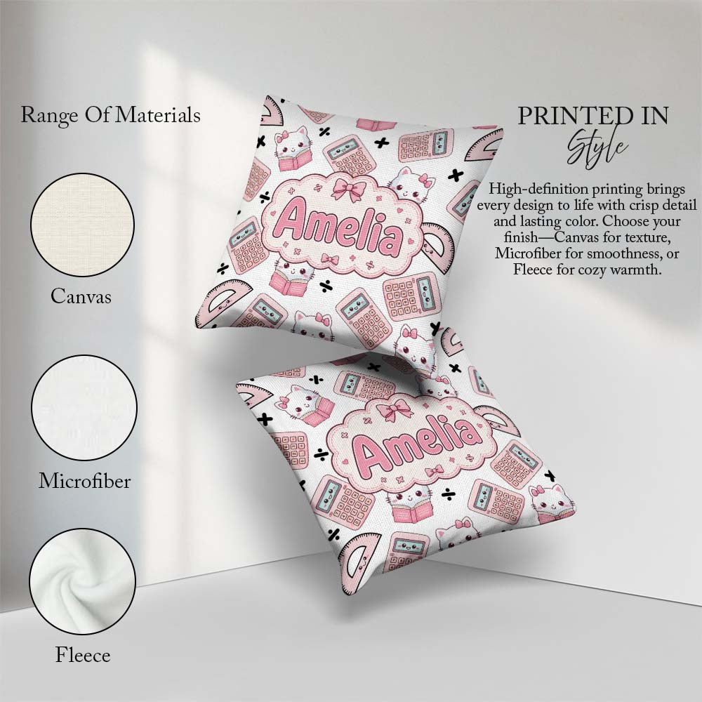 Custom Name Kawaii Maths Cat Calculator Ruler White Pattern Name Square Filled Cushion Throw Pillow Sofa Bed Home Decor Zip Washable UK Made