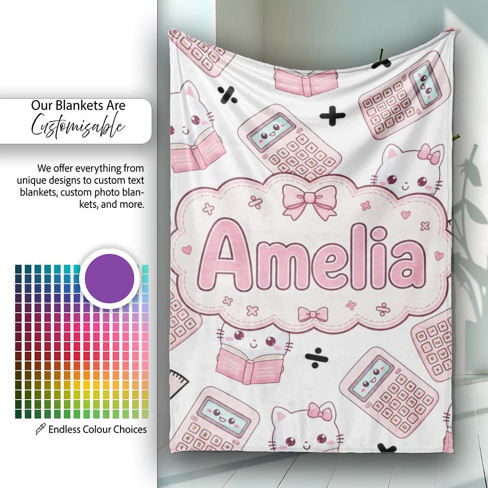 Cute Kawaii Maths Cat Calculator Ruler White Seamless Pattern Name Personalised Custom Name Super Soft Fleece Blanket Bed Sofa Throw