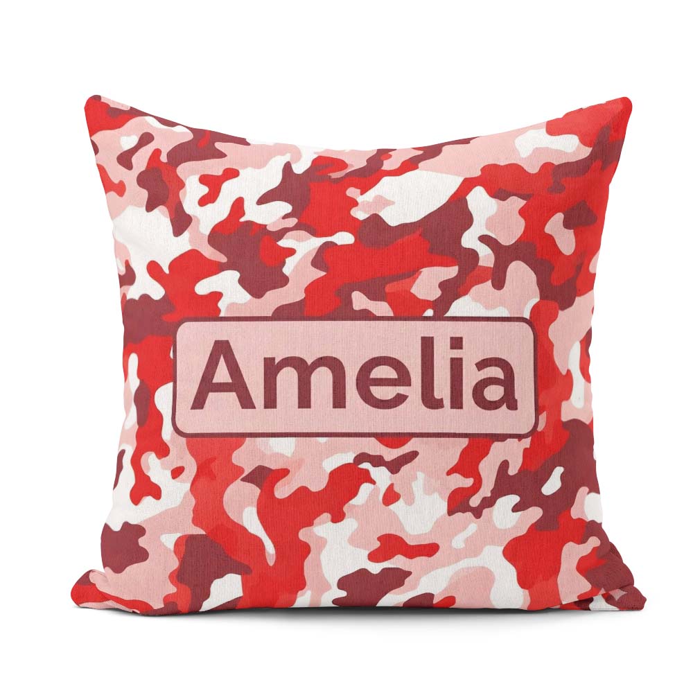 Custom Name Red Pink Abstract Camouflage Seamless Pattern Cute Square Filled Cushion Throw Pillow Sofa Bed Home Decor Zip Washable UK Made
