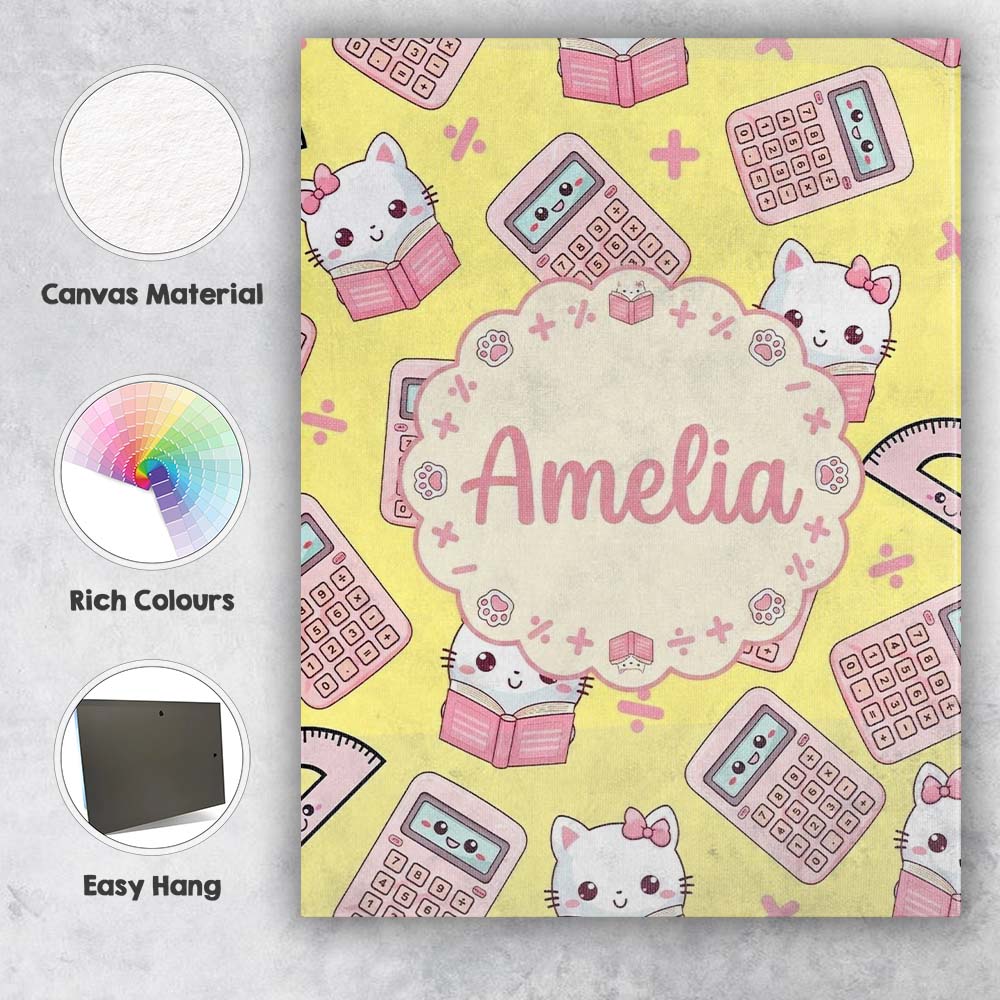 Personalised Name Cute Kawaii Maths Cat Custom Modern Room Accent Elegant Feature Canvas Wall Art Print Decor Picture Ready to Hang