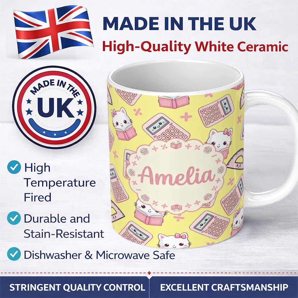 Personalized Custom Name Cute Kawaii Maths Cat Calculator Ruler Yellow Seamless Pattern 11oz Ceramic Coffee Tea Mug White Large Handle