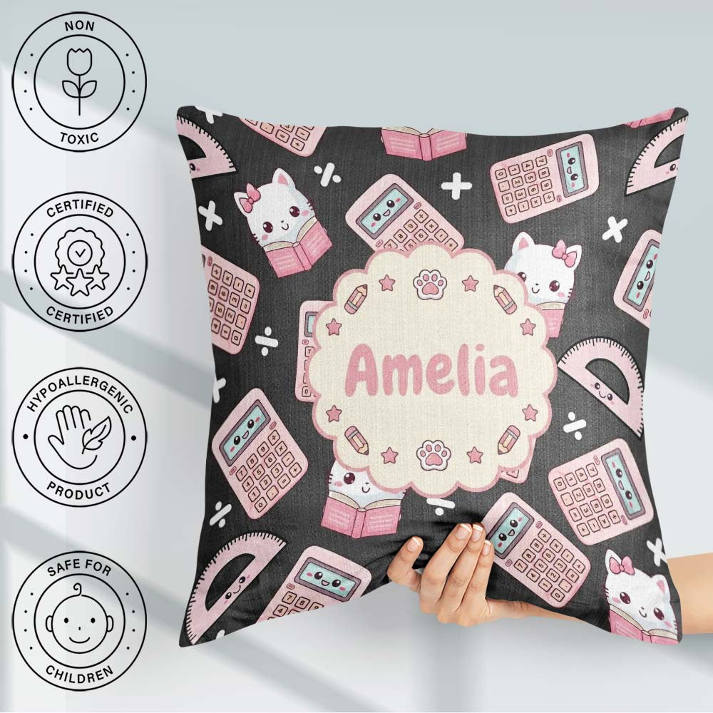 Custom Name Kawaii Maths Cat Calculator Ruler Dark Seamless Name Square Filled Cushion Throw Pillow Sofa Bed Home Decor Zip Washable UK Made