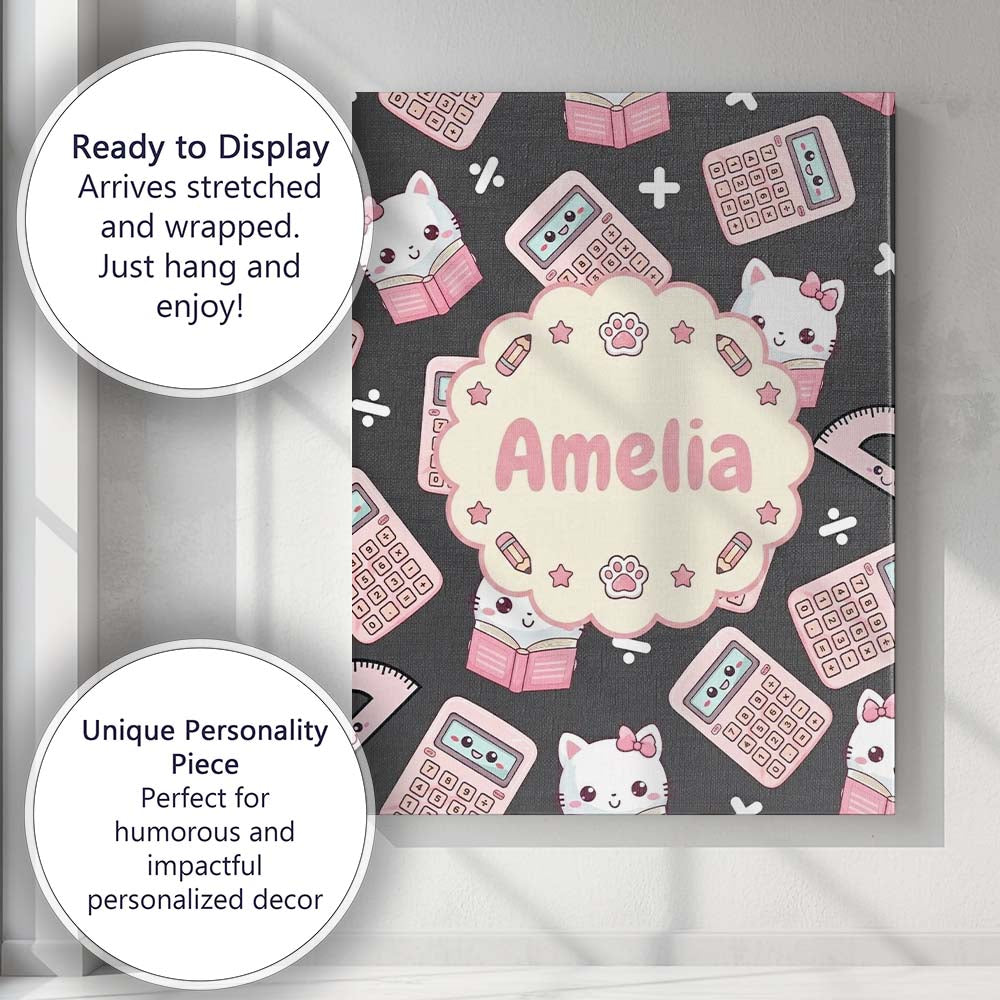 Personalised Name Cute Kawaii Maths Cat Custom Modern Room Accent Elegant Feature Canvas Wall Art Print Decor Picture Ready to Hang