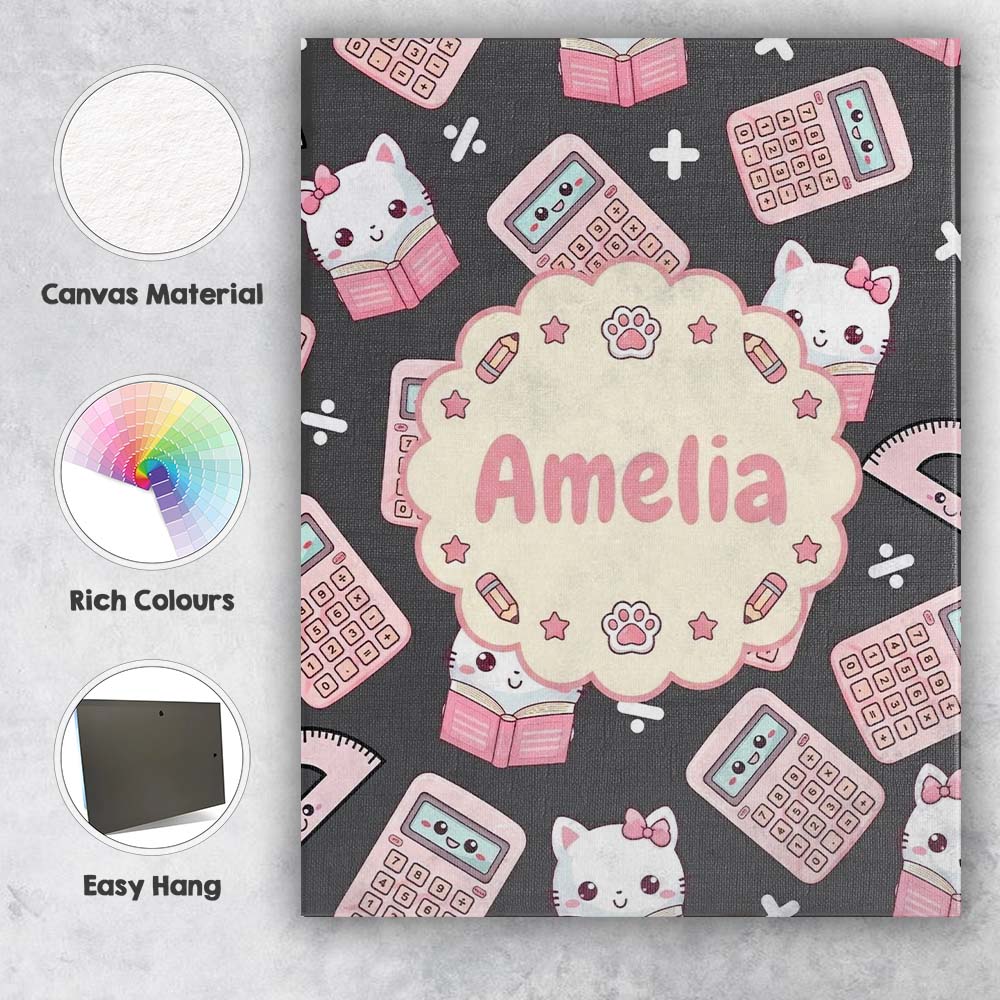Personalised Name Cute Kawaii Maths Cat Custom Modern Room Accent Elegant Feature Canvas Wall Art Print Decor Picture Ready to Hang