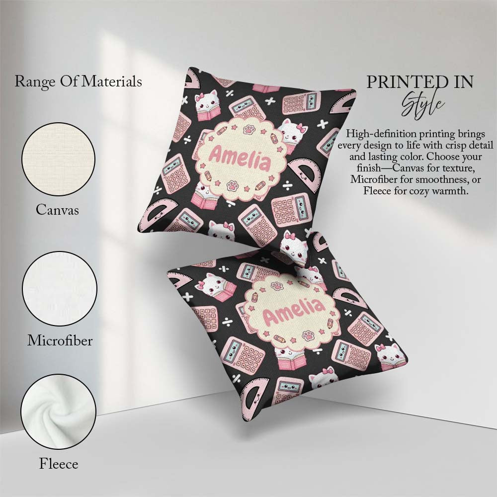Custom Name Kawaii Maths Cat Calculator Ruler Dark Seamless Name Square Filled Cushion Throw Pillow Sofa Bed Home Decor Zip Washable UK Made