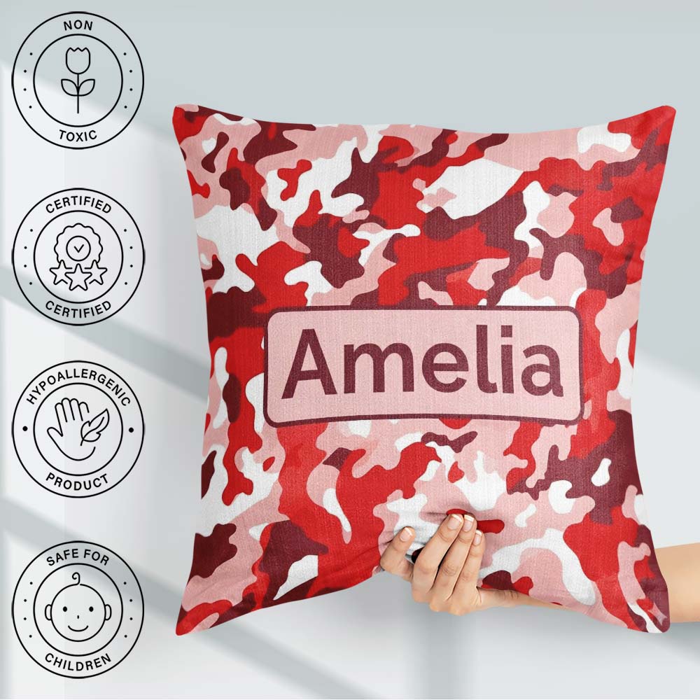 Custom Name Red Pink Abstract Camouflage Seamless Pattern Cute Square Filled Cushion Throw Pillow Sofa Bed Home Decor Zip Washable UK Made