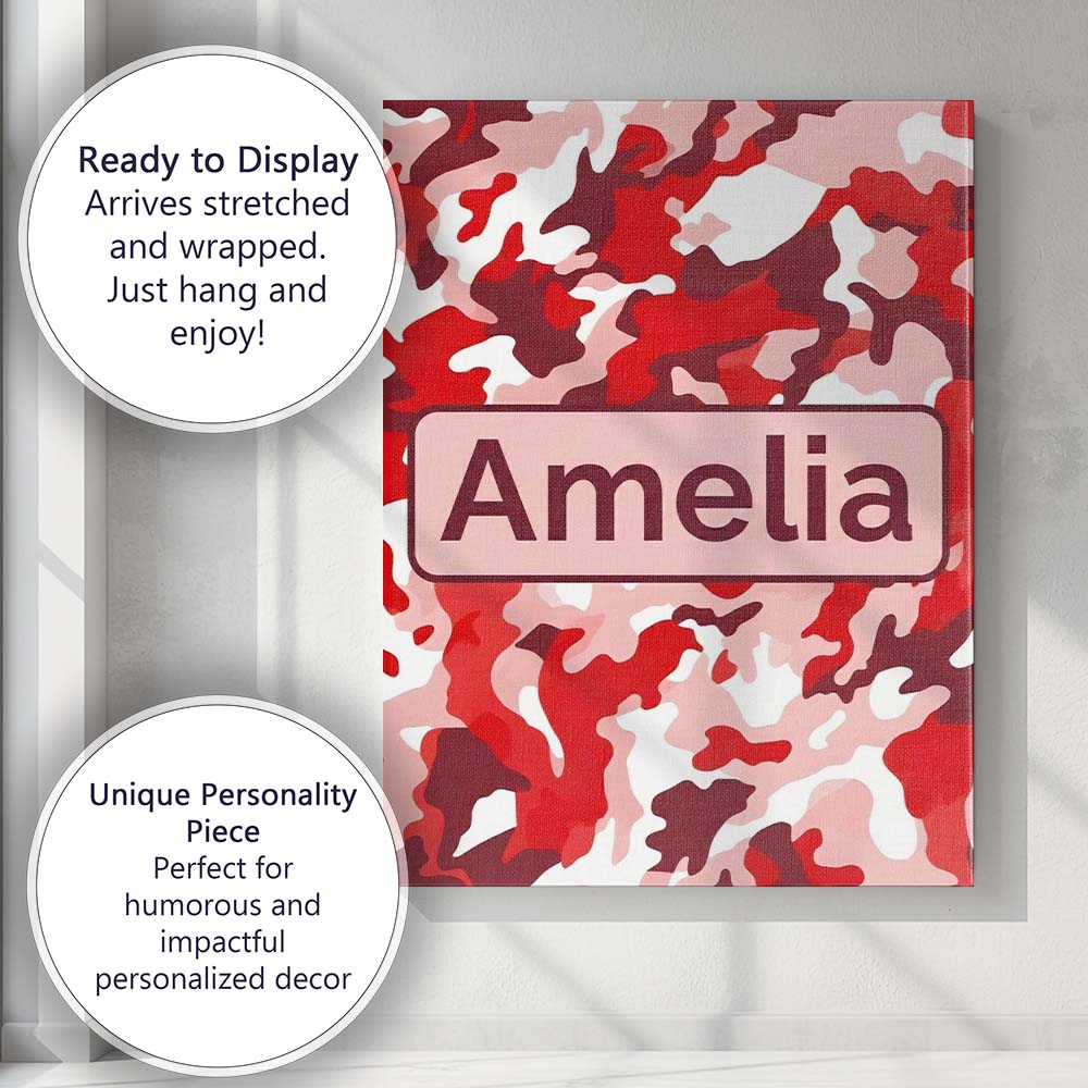 Personalised Name Red Pink Abstract Camouflage Seamless Pattern Cute Custom Home Canvas Wall Art Print Decor Picture Ready to Hang