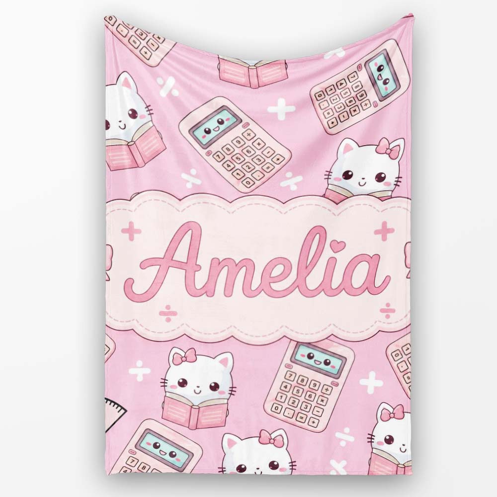Cute Kawaii Maths Cat Calculator Ruler Pink Seamless Pattern Name Personalised Custom Name Super Soft Fleece Blanket Bed Sofa Throw