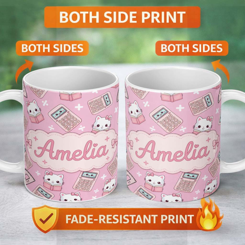 Personalized Custom Name Cute Kawaii Maths Cat Calculator Ruler Pink Seamless Pattern Name 11oz Ceramic Coffee Tea Mug White Large Handle