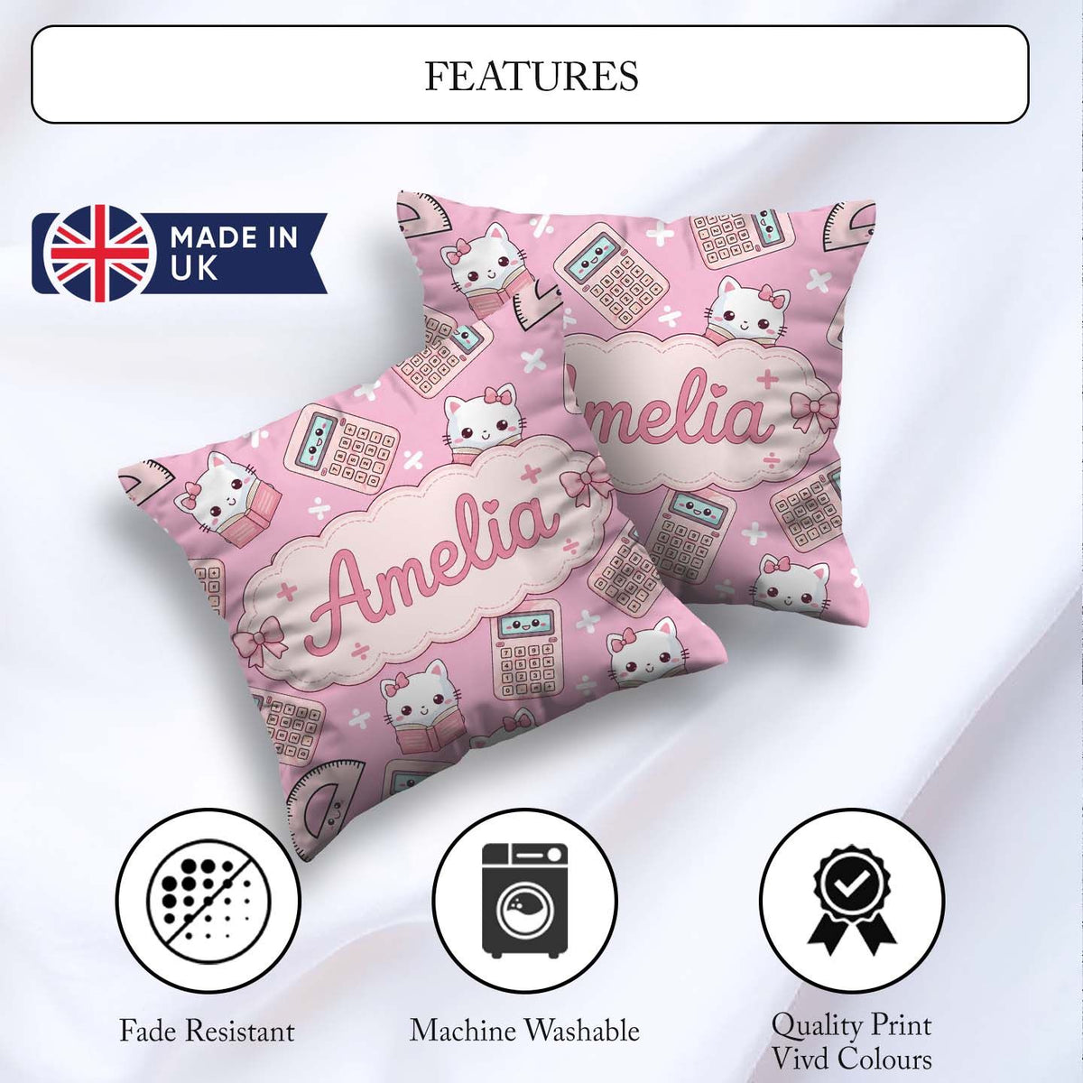 Custom Name Kawaii Maths Cat Calculator Ruler Pink Seamless Name Square Filled Cushion Throw Pillow Sofa Bed Home Decor Zip Washable UK Made