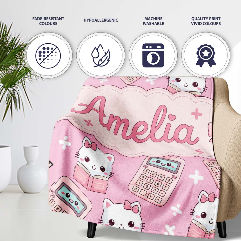 Cute Kawaii Maths Cat Calculator Ruler Pink Seamless Pattern Name Personalised Custom Name Super Soft Fleece Blanket Bed Sofa Throw
