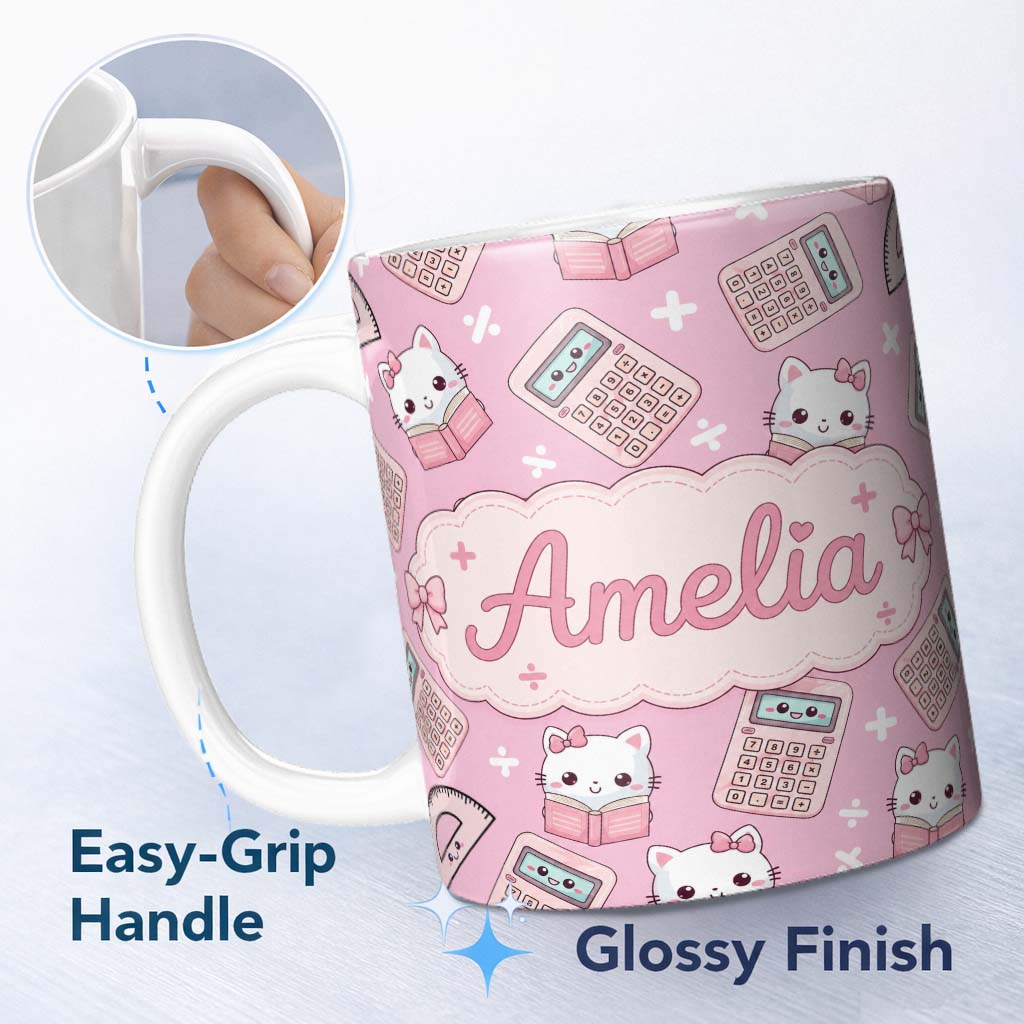 Personalized Custom Name Cute Kawaii Maths Cat Calculator Ruler Pink Seamless Pattern Name 11oz Ceramic Coffee Tea Mug White Large Handle