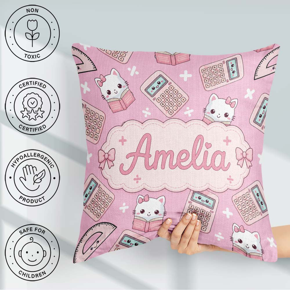 Custom Name Kawaii Maths Cat Calculator Ruler Pink Seamless Name Square Filled Cushion Throw Pillow Sofa Bed Home Decor Zip Washable UK Made