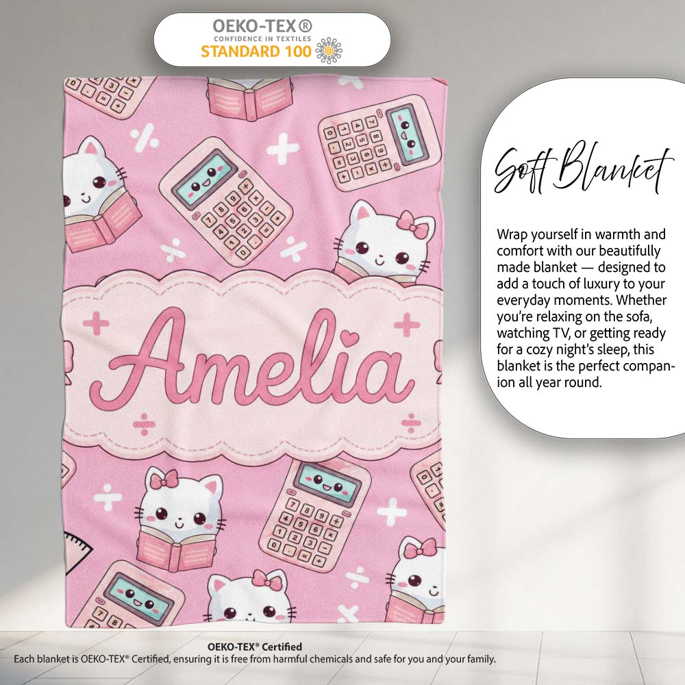 Cute Kawaii Maths Cat Calculator Ruler Pink Seamless Pattern Name Personalised Custom Name Super Soft Fleece Blanket Bed Sofa Throw