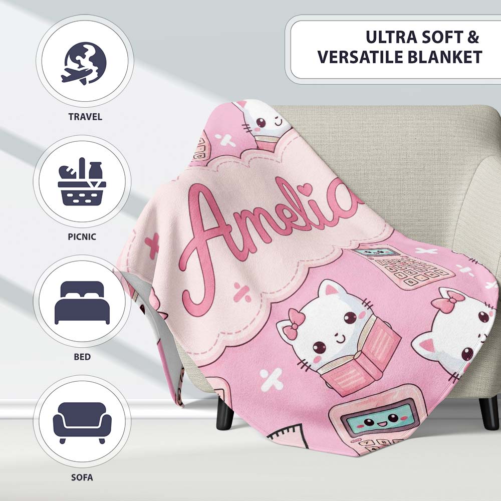 Cute Kawaii Maths Cat Calculator Ruler Pink Seamless Pattern Name Personalised Custom Name Super Soft Fleece Blanket Bed Sofa Throw
