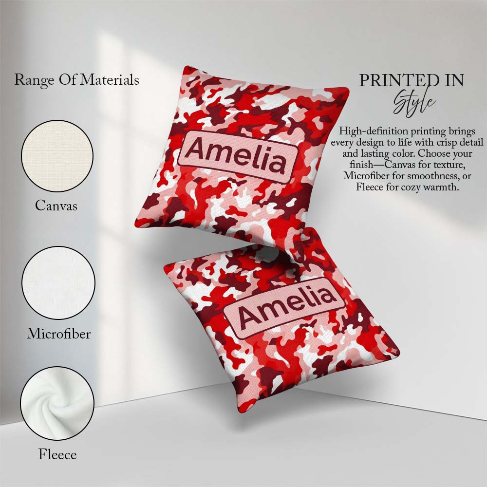 Custom Name Red Pink Abstract Camouflage Seamless Pattern Cute Square Filled Cushion Throw Pillow Sofa Bed Home Decor Zip Washable UK Made