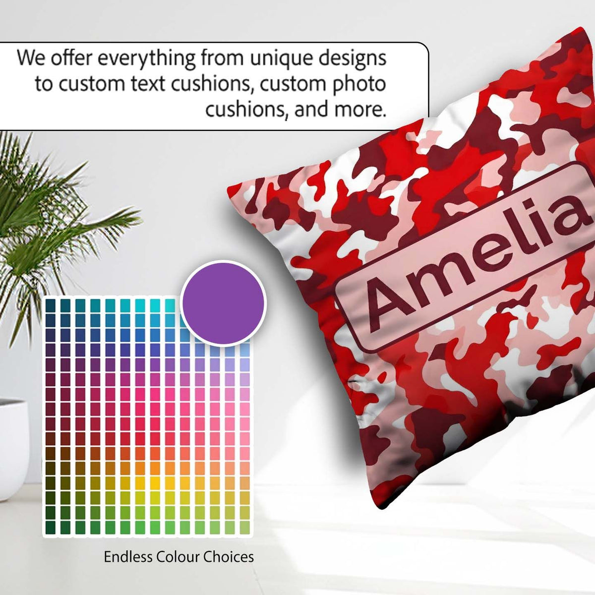 Custom Name Red Pink Abstract Camouflage Seamless Pattern Cute Square Filled Cushion Throw Pillow Sofa Bed Home Decor Zip Washable UK Made