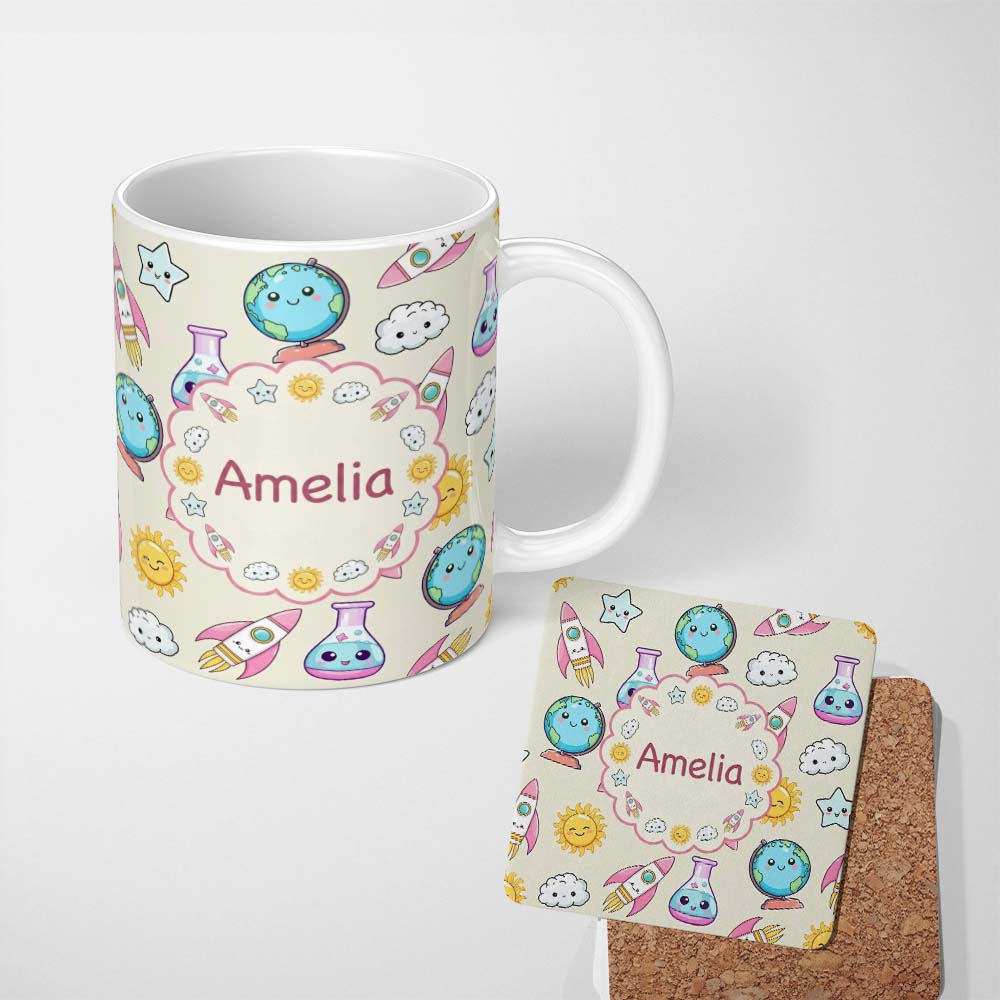 Personalized Custom Name Cute Kawaii Space Rocket Globe Sun Cream Seamless Pattern Name 11oz Ceramic Coffee Tea Mug White Large Handle