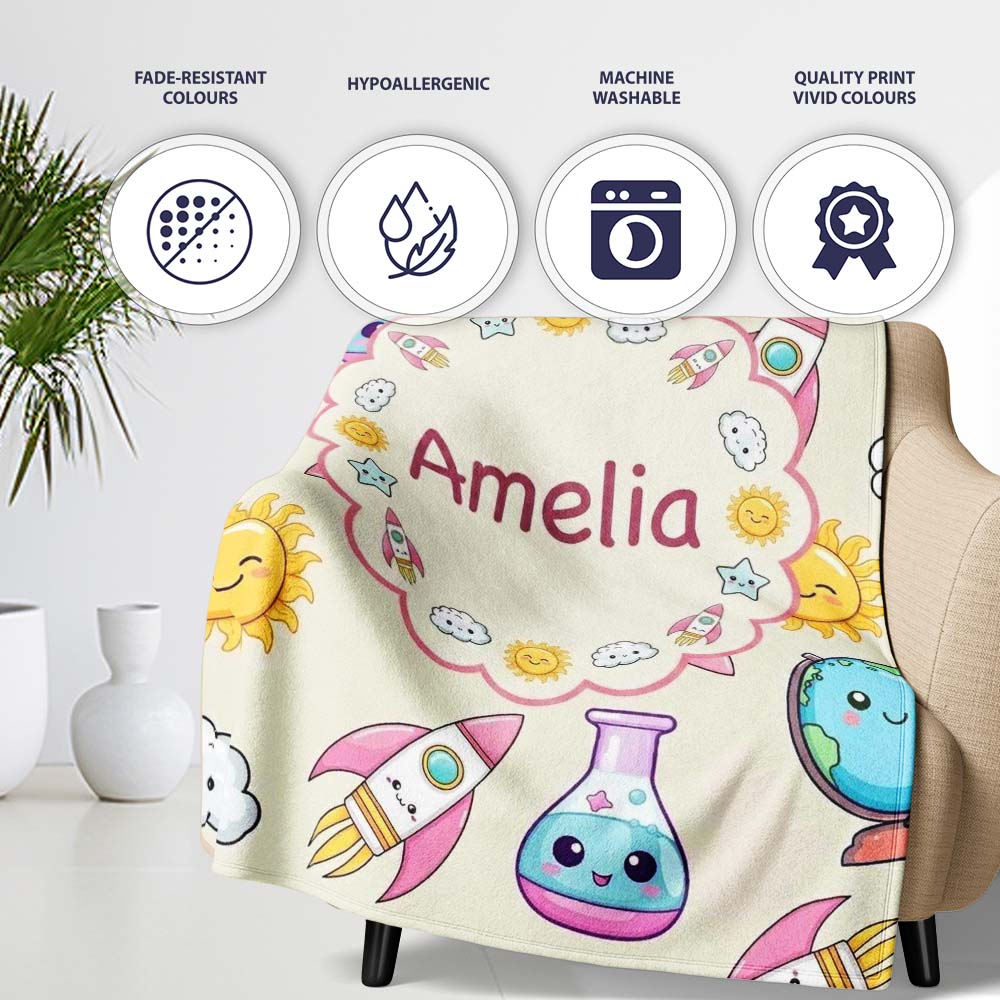 Cute Kawaii Space Rocket Globe Sun Cream Seamless Pattern Name Personalised Custom Name Super Soft Fleece Blanket Bed Sofa Throw
