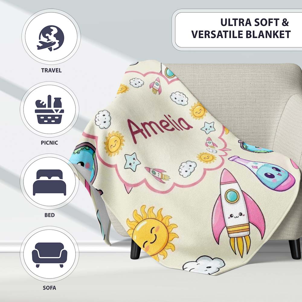 Cute Kawaii Space Rocket Globe Sun Cream Seamless Pattern Name Personalised Custom Name Super Soft Fleece Blanket Bed Sofa Throw