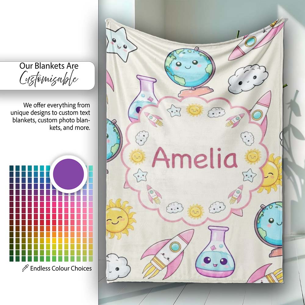Cute Kawaii Space Rocket Globe Sun Cream Seamless Pattern Name Personalised Custom Name Super Soft Fleece Blanket Bed Sofa Throw