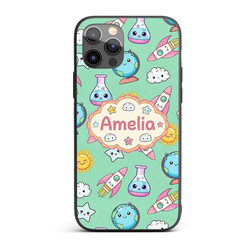 Cute Kawaii Space Rocket Globe Sun Star Learning Custom Name Protective Phone Case Mobile Cover Durable Everyday Smartphone Shock Resistant